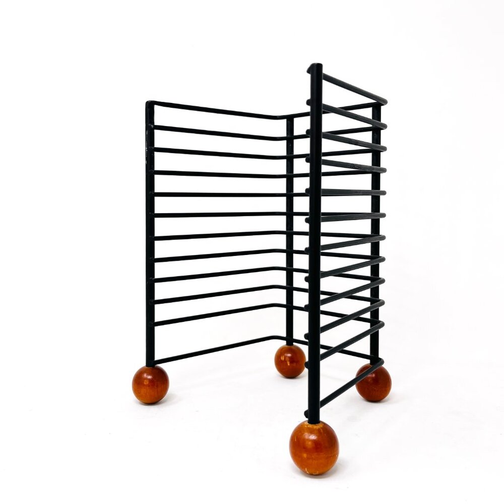 Vintage Black Wire w/ Wood Balls 12-Disc CD Media Storage Tower Rack Desk Top